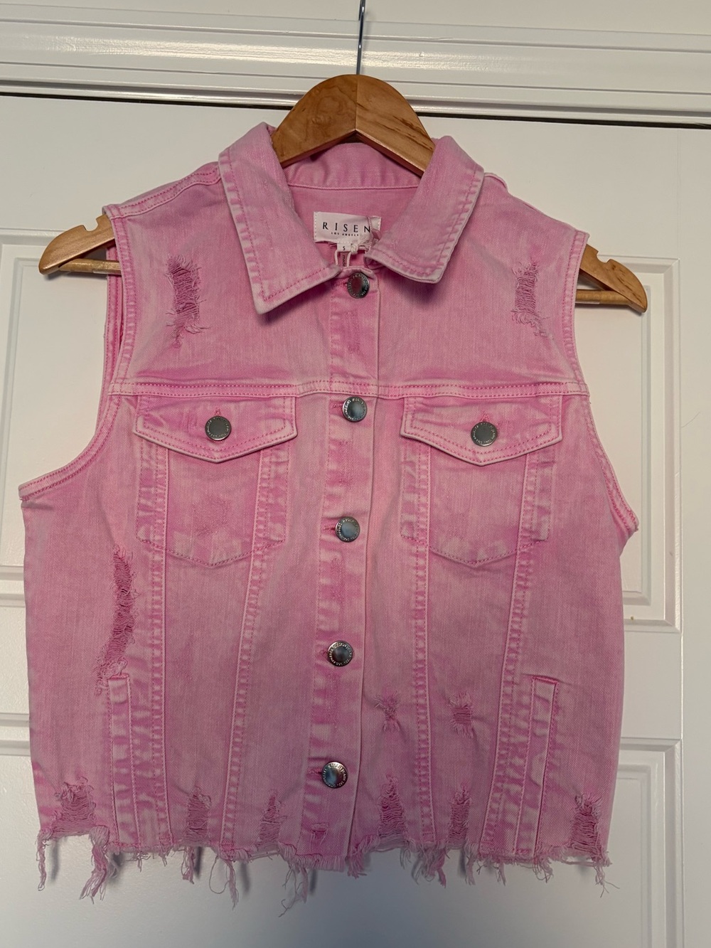 Risen Pink Distressed Denim Crop Vest